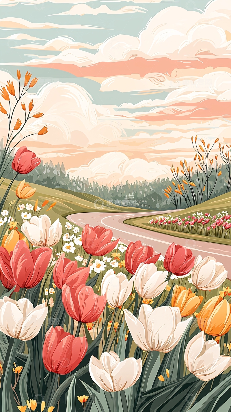 高清大图下载【趣麦麦图】春日花海风景插画