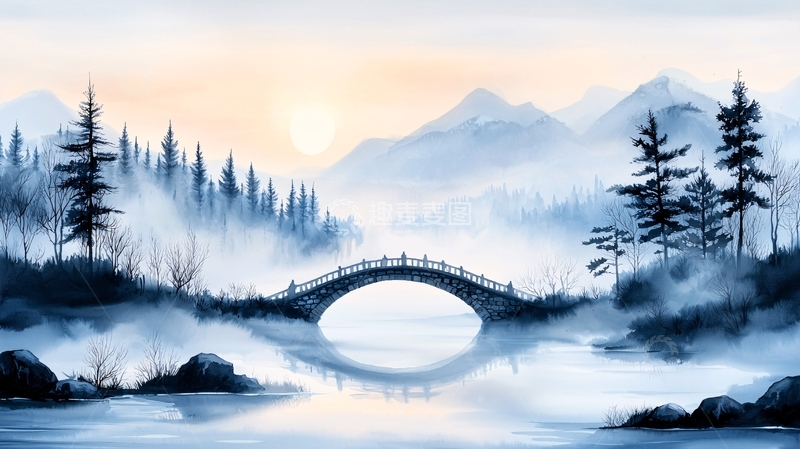 高清大图下载【趣麦麦图】雾中石桥山水画