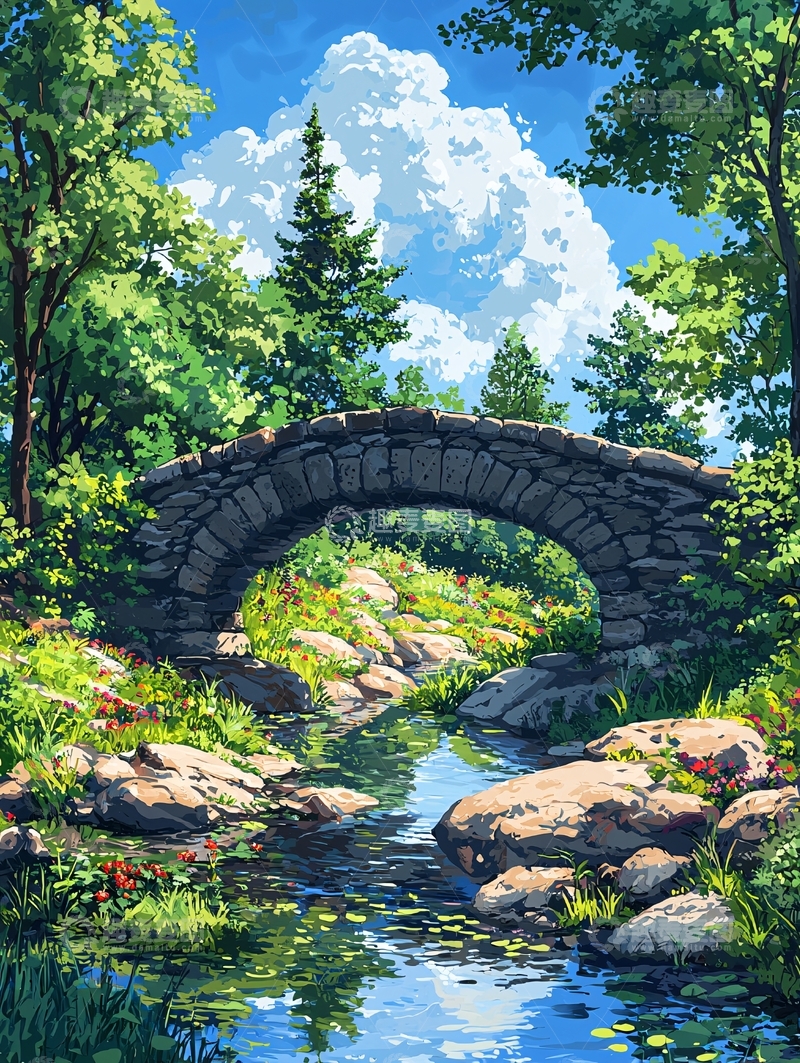 高清大图下载【趣麦麦图】石桥流水绿意盎然