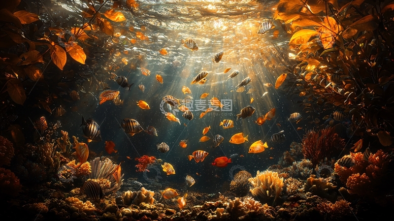 高清大图下载【趣麦麦图】水下珊瑚礁的鱼群