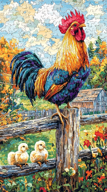 秋日农场上的公鸡与小鸡