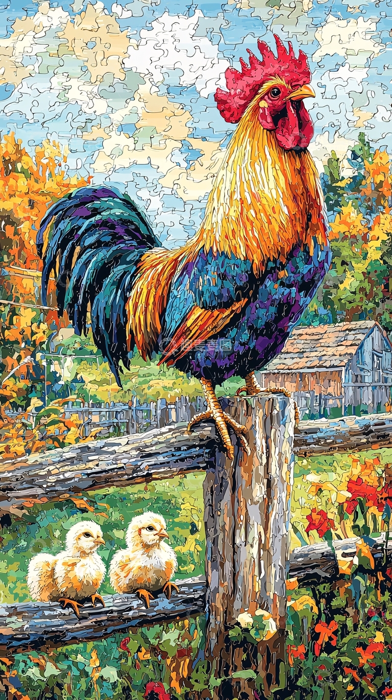 高清大图下载【趣麦麦图】秋日农场上的公鸡与小鸡