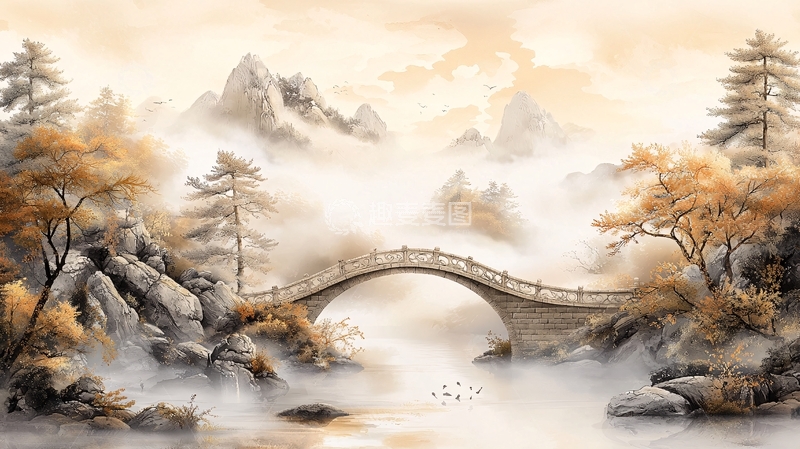 高清大图下载【趣麦麦图】秋日山水桥景