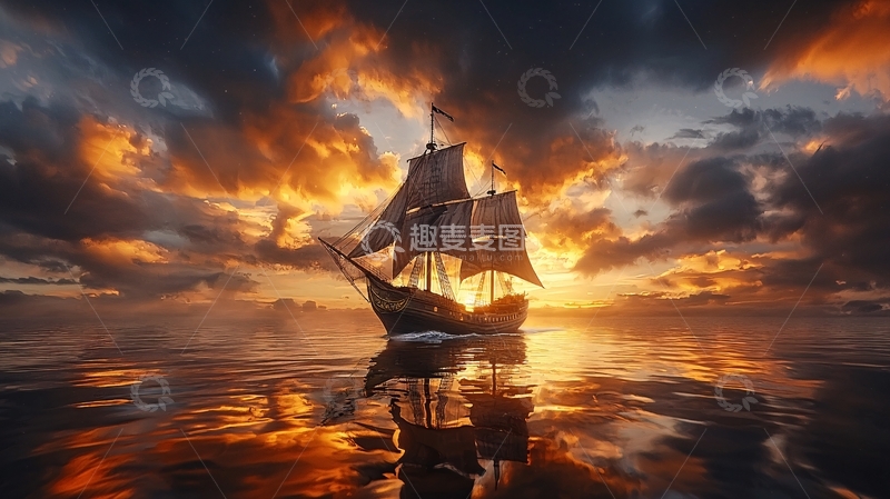 高清大图下载【趣麦麦图】日落时分海上的帆船