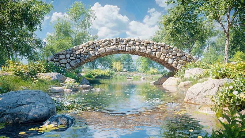 高清大图下载【趣麦麦图】石桥流水自然风光