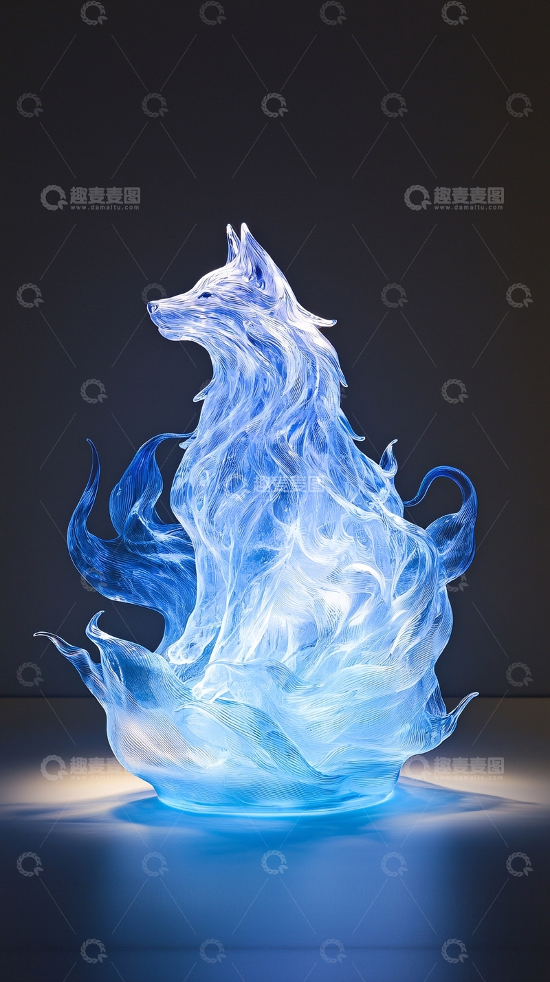 高清大图下载【趣麦麦图】蓝色火焰中的狼雕塑