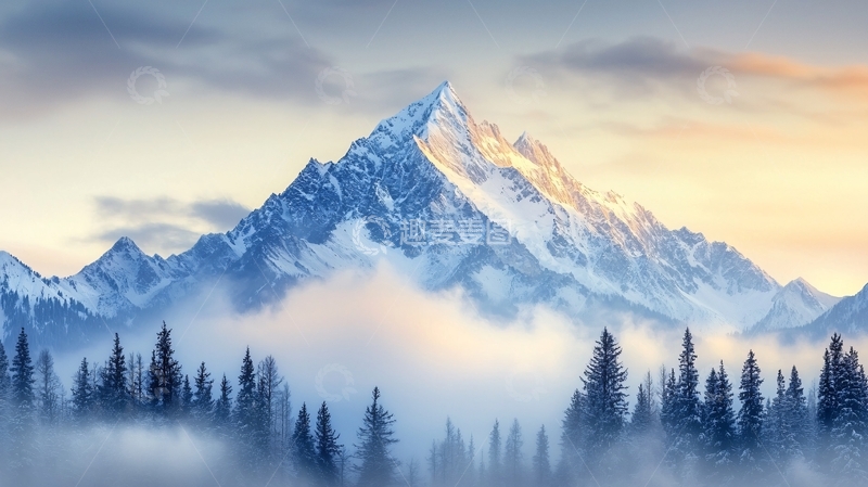 高清大图下载【趣麦麦图】雄伟雪山山峰云雾缭绕