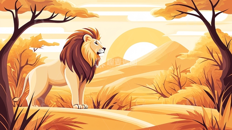 高清大图下载【趣麦麦图】卡通狮子站在非洲草原上