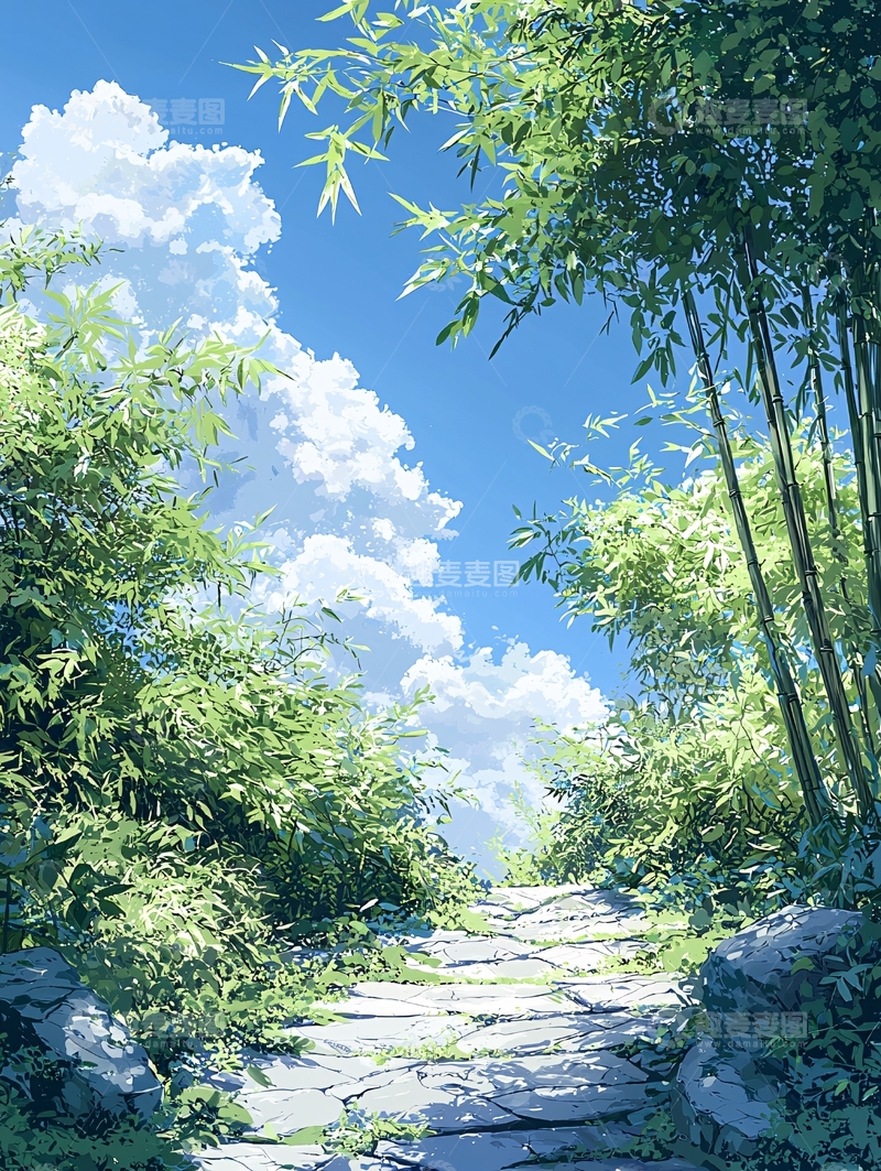 高清大图下载【趣麦麦图】竹林小径蓝天白云