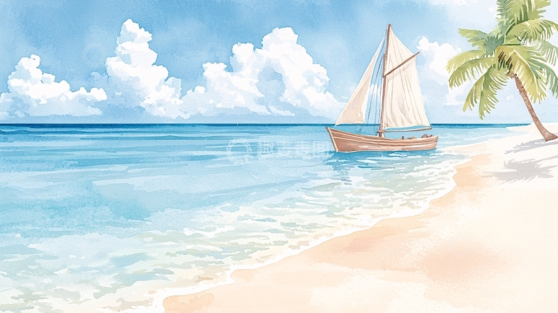 高清大图下载【趣麦麦图】热带海滩帆船风景画