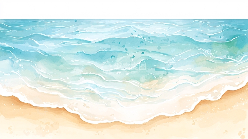 高清大图下载【趣麦麦图】海浪沙滩水彩画背景