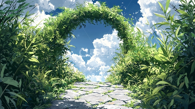 高清大图下载【趣麦麦图】绿色植物拱门石路蓝天白云