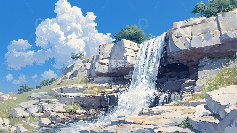 高清大图下载【趣麦麦图】瀑布倾泻在岩石上