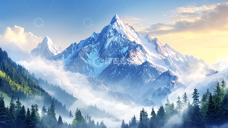 高清大图下载【趣麦麦图】雪山山顶云雾缭绕