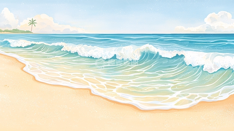 高清大图下载【趣麦麦图】海滩海浪沙滩风景插画