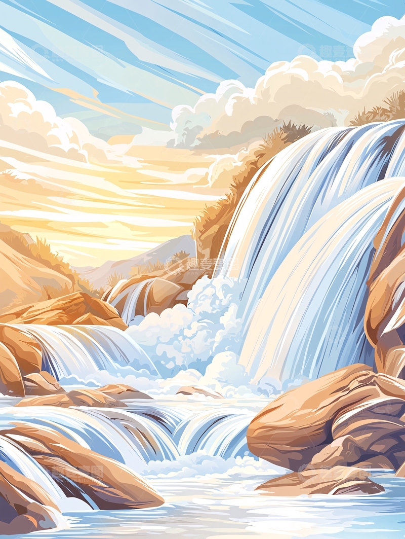 高清大图下载【趣麦麦图】风景优美瀑布与蓝天白云