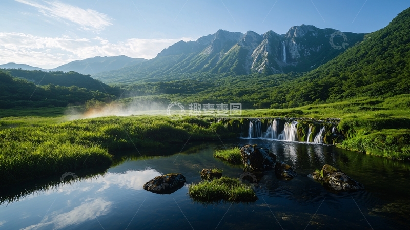 高清大图下载【趣麦麦图】绿色山谷中的瀑布河流