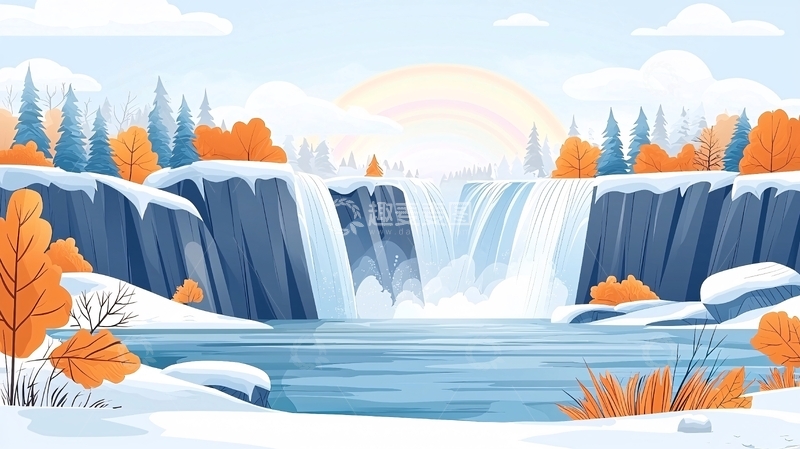 高清大图下载【趣麦麦图】冬日瀑布的唯美卡通风景