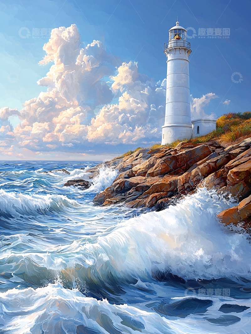 高清大图下载【趣麦麦图】灯塔与海浪的壮丽景色