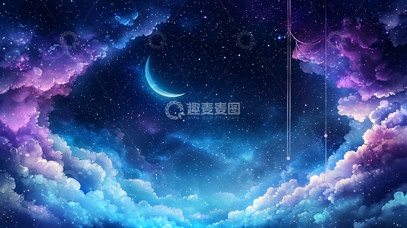 高清大图下载【趣麦麦图】梦幻夜空下的月亮与云彩