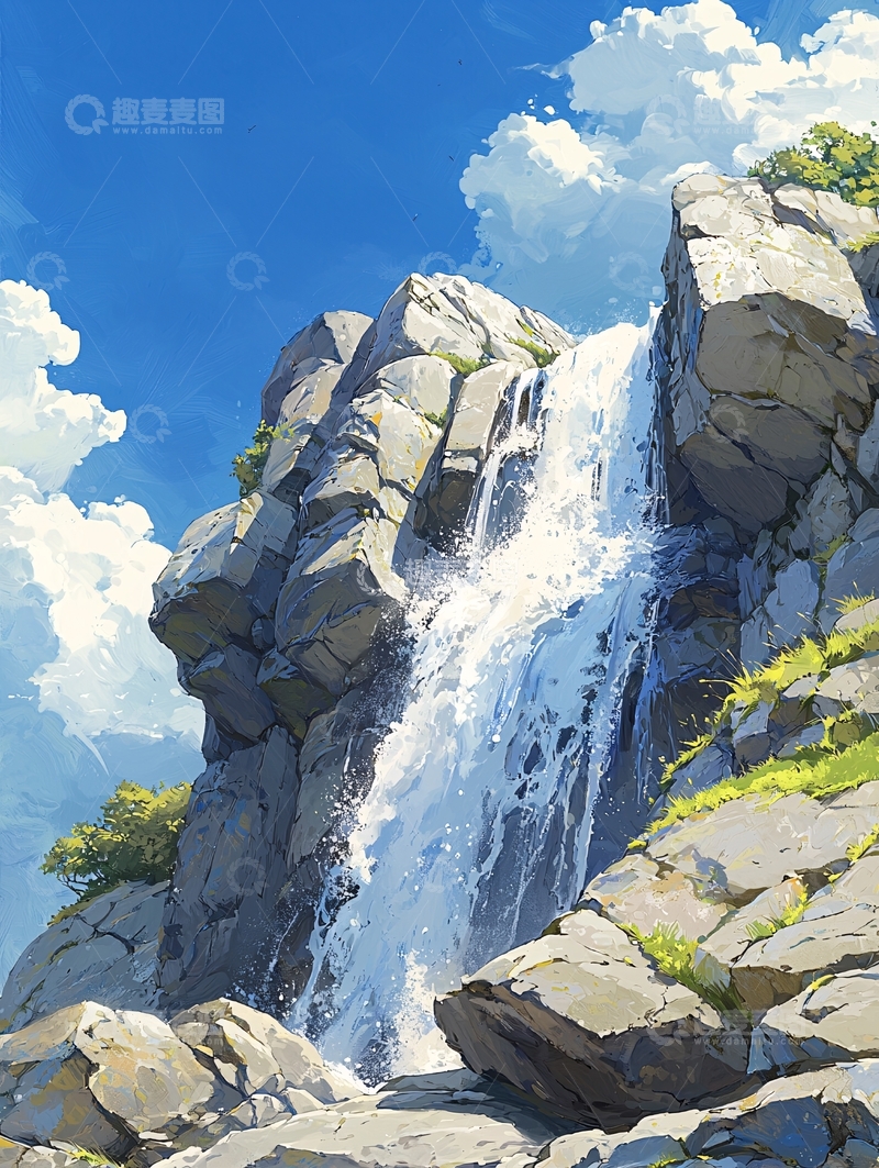 高清大图下载【趣麦麦图】清澈瀑布岩石山壁蓝天白云