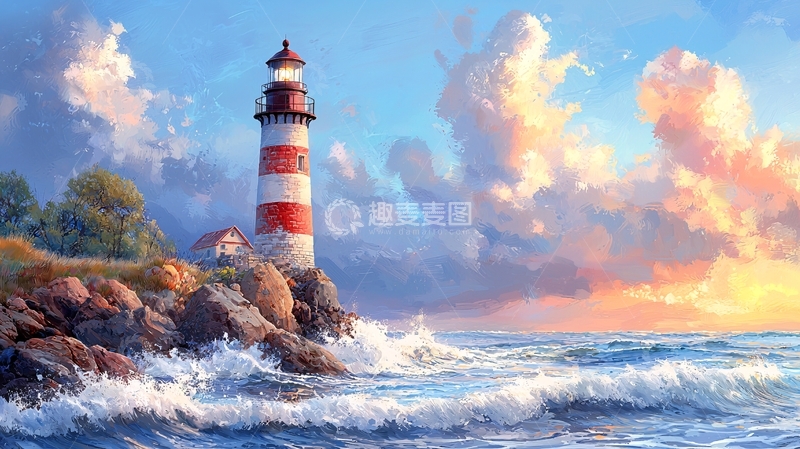 高清大图下载【趣麦麦图】海边灯塔与海浪的美丽风景