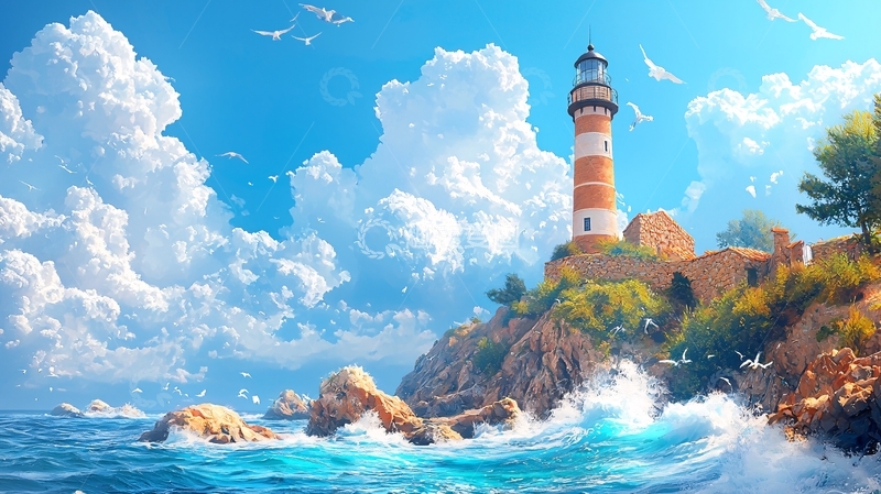 高清大图下载【趣麦麦图】海边灯塔与海鸥飞翔