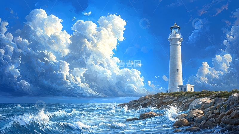 高清大图下载【趣麦麦图】海边灯塔与汹涌海浪