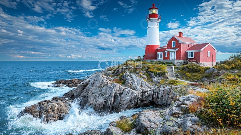 高清大图下载【趣麦麦图】海边灯塔与岩石海岸线