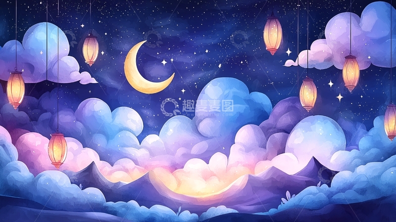 高清大图下载【趣麦麦图】梦幻夜空下的云朵与灯笼