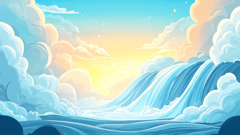 高清大图下载【趣麦麦图】卡通瀑布云海日出