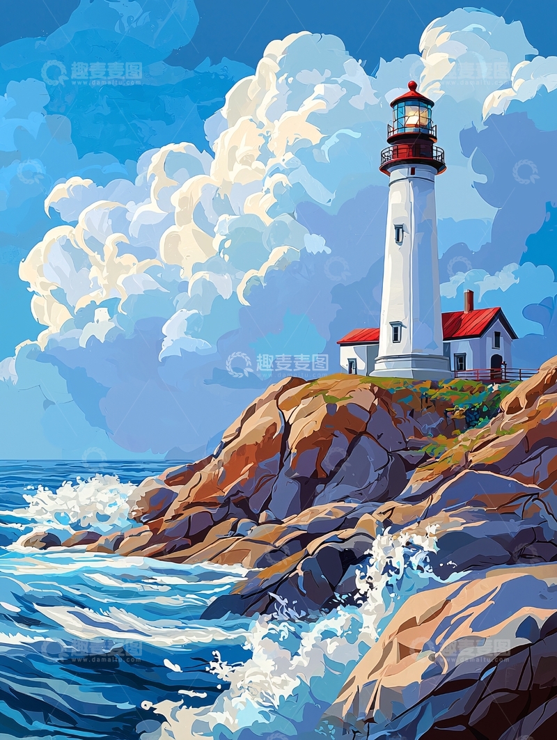 高清大图下载【趣麦麦图】海边灯塔与波涛汹涌的海浪
