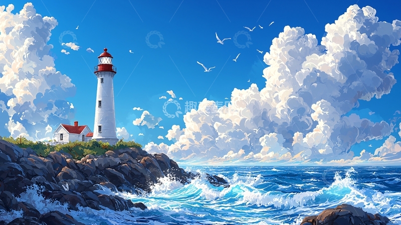 高清大图下载【趣麦麦图】海边灯塔与海浪的风景画