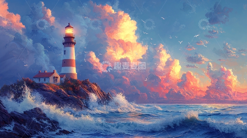 高清大图下载【趣麦麦图】灯塔与海浪的日落美景