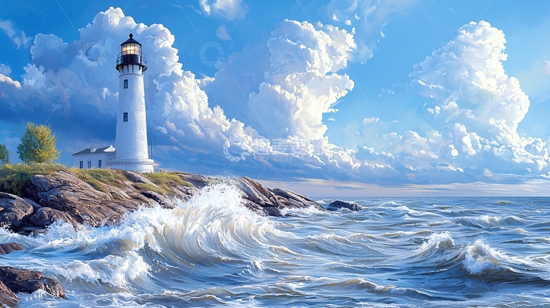 高清大图下载【趣麦麦图】灯塔与波涛的壮丽景色