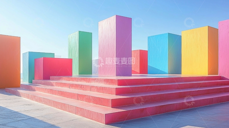 高清大图下载【趣麦麦图】色彩斑斓的几何建筑阶梯