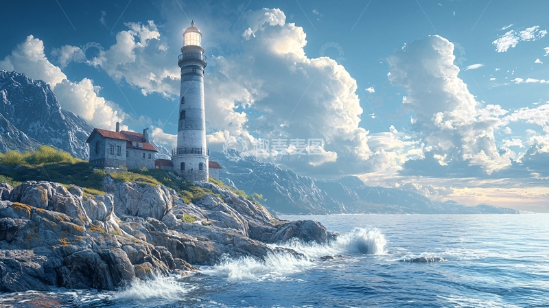 高清大图下载【趣麦麦图】灯塔与岩石海岸线