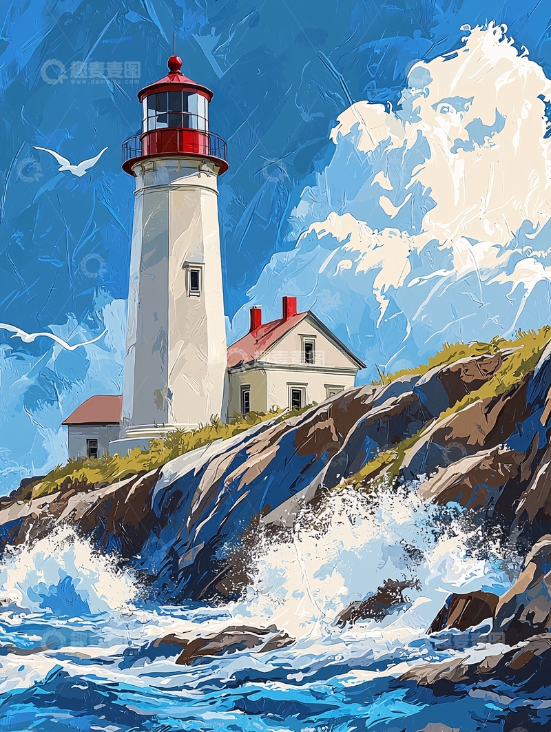 高清大图下载【趣麦麦图】海边灯塔与海浪的风景画
