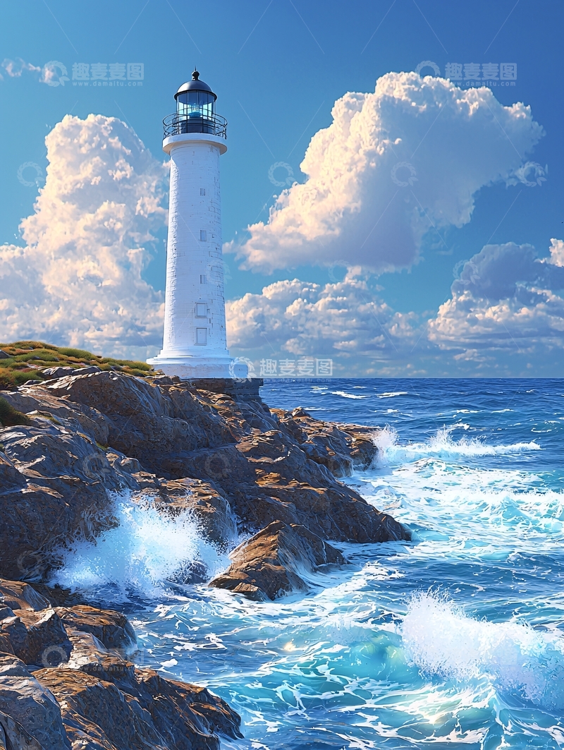 高清大图下载【趣麦麦图】灯塔与海浪的壮丽景色