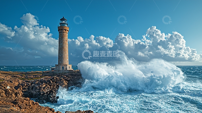 高清大图下载【趣麦麦图】灯塔与巨浪的壮丽景色