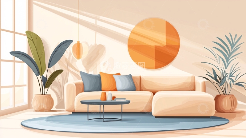 高清大图下载【趣麦麦图】温馨客厅室内设计插画