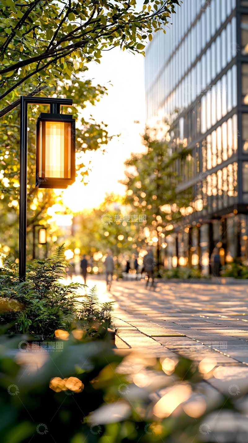 高清大图下载【趣麦麦图】城市黄昏下的街道灯与行人