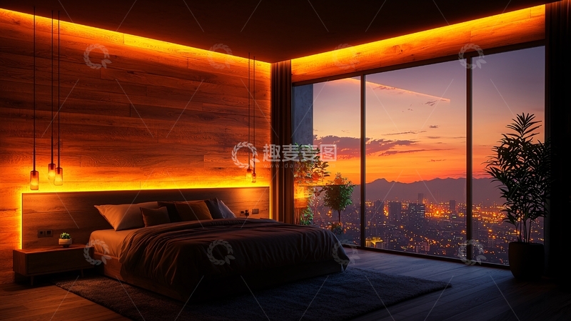 高清大图下载【趣麦麦图】温馨卧室日落城市景观