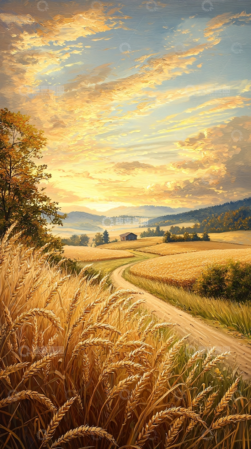 高清大图下载【趣麦麦图】金色麦田与小屋的乡村风光