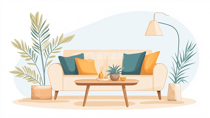 高清大图下载【趣麦麦图】现代简约客厅装饰插画