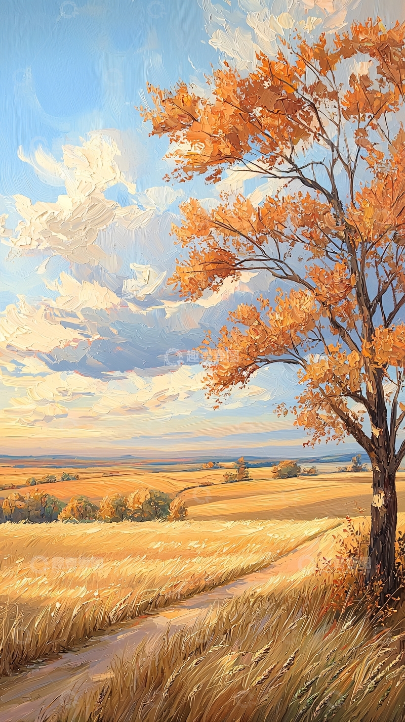 高清大图下载【趣麦麦图】秋日田野中的孤独树