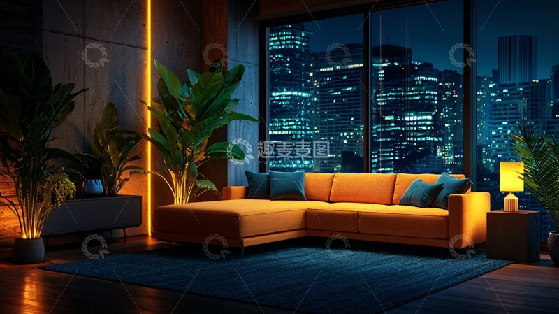 高清大图下载【趣麦麦图】现代都市夜景客厅设计