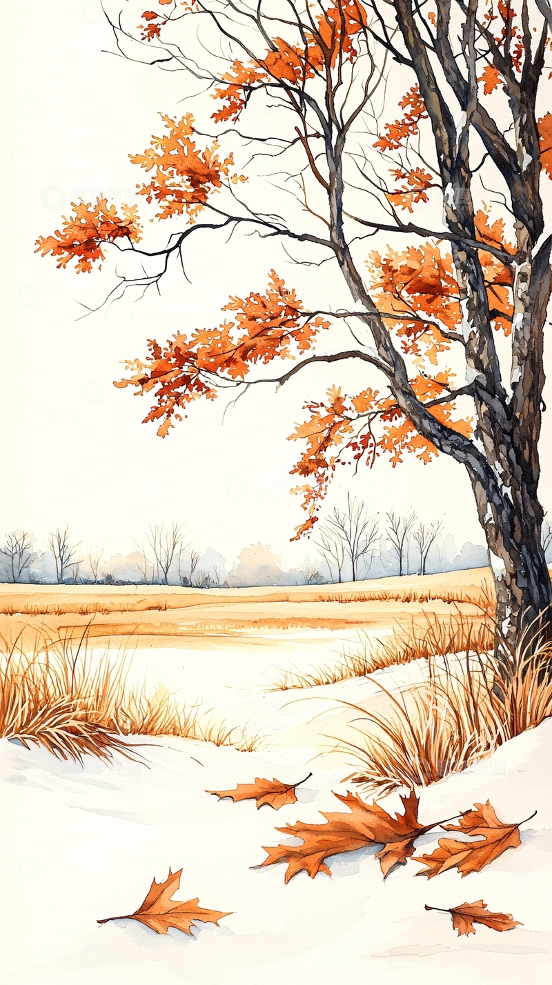 高清大图下载【趣麦麦图】秋日雪地落叶风景