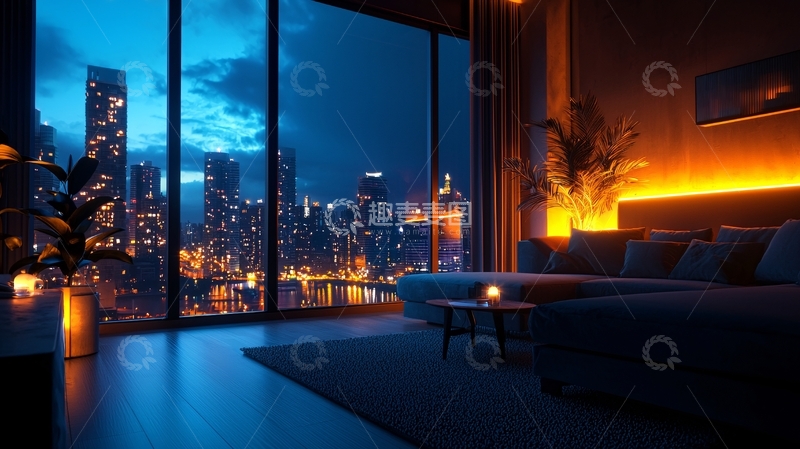 高清大图下载【趣麦麦图】现代都市夜景客厅设计