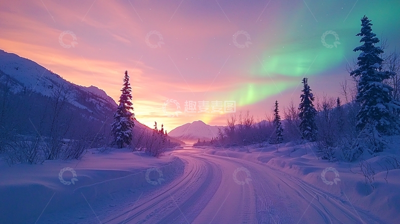 高清大图下载【趣麦麦图】极光下的雪地道路